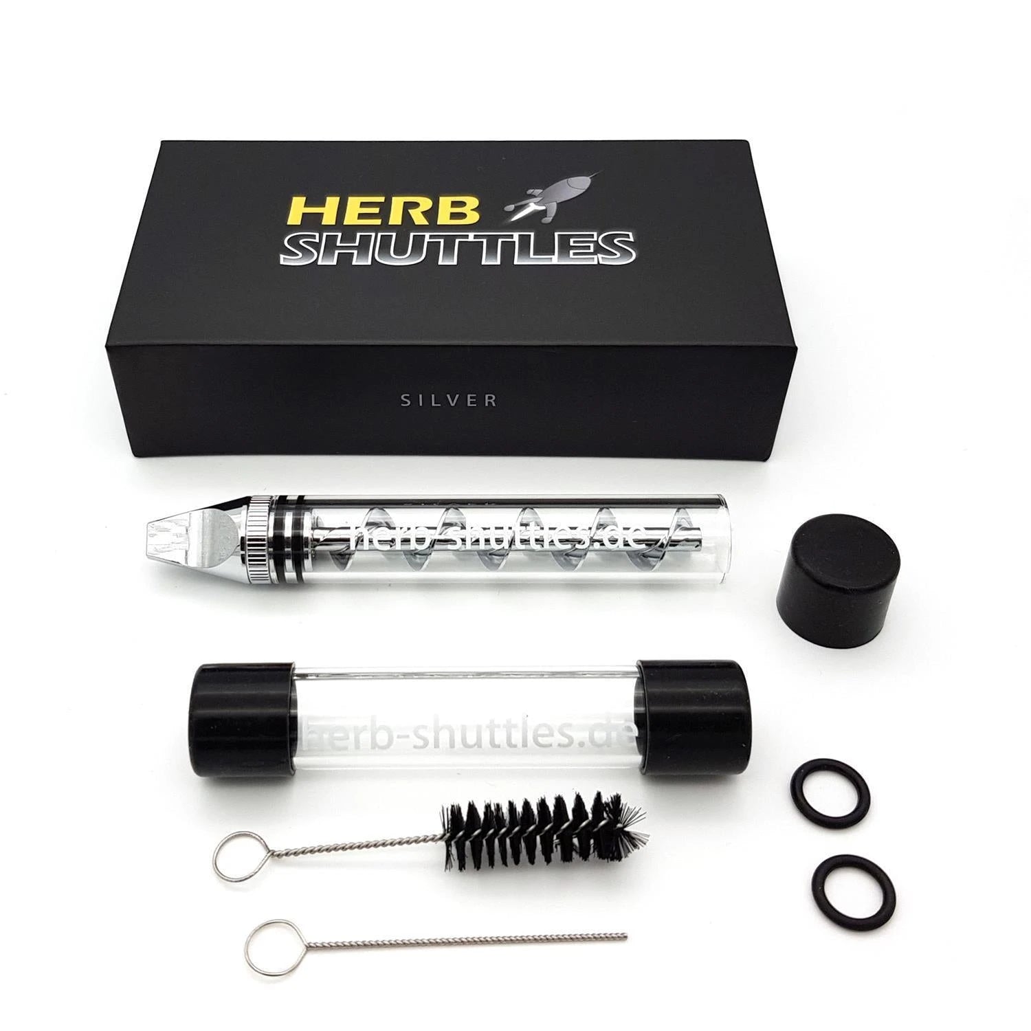 Herb Shuttles Gold Set – Komplettset mit transparentem Glaszylinder, silbernen Mundstück, Aufbewahrungsröhrchen mit schwarzen Kappen, Reinigungsbürsten und O-Ringen in schwarzer Geschenkbox